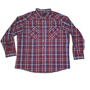 High Noon Mens Western Pearl Snap Shirt 4XLTL Red Blue Plaid Long Sleeve Cowboy